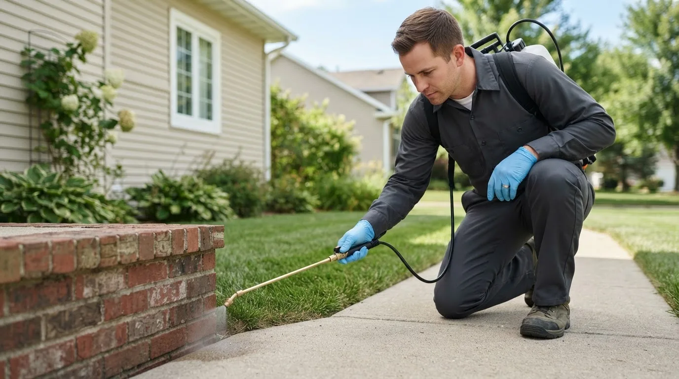Pest control technician treating a home near Lowell, IN