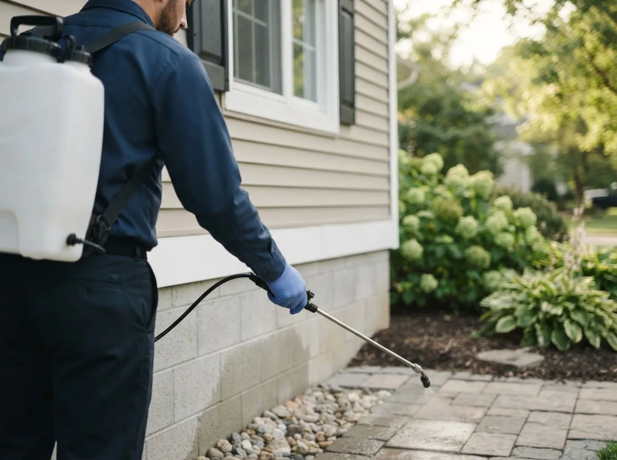Pest control technician inspecting a home in Lowell, IN
